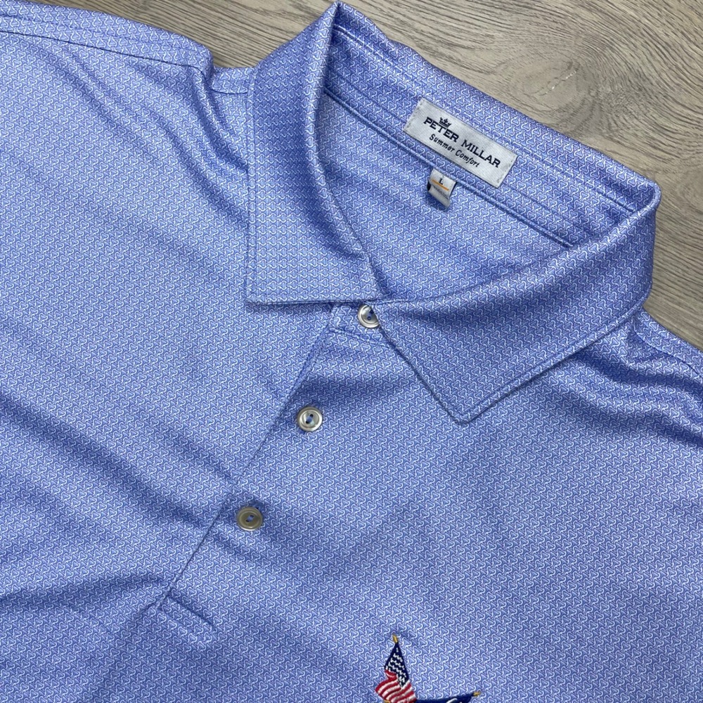 Peter Millar Polo Shirt Mens Large Blue Summer Comfort MF21EK20S Geometric